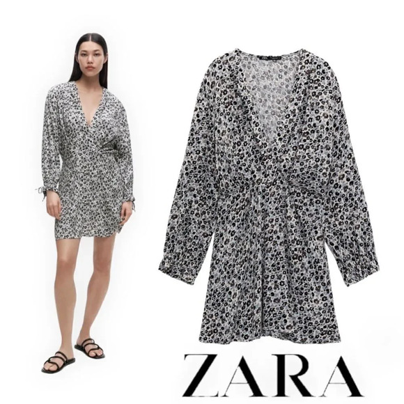 ZARA | Ecru/Black | PRINTED MINI DRESS - Picture 1 of 7